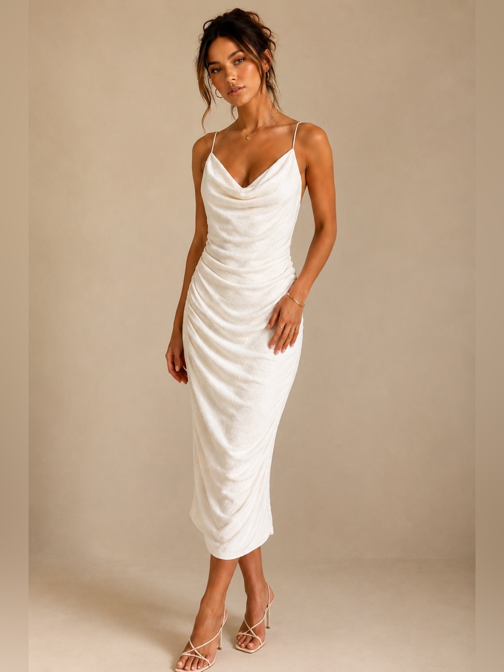 Forever 21 | Off White Ruched Cowl Neck Midi Dress | Criss Cross Back | Size M